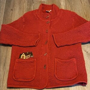 Women’s Chunky Dark Red Knit Jacket with Cottage Patch